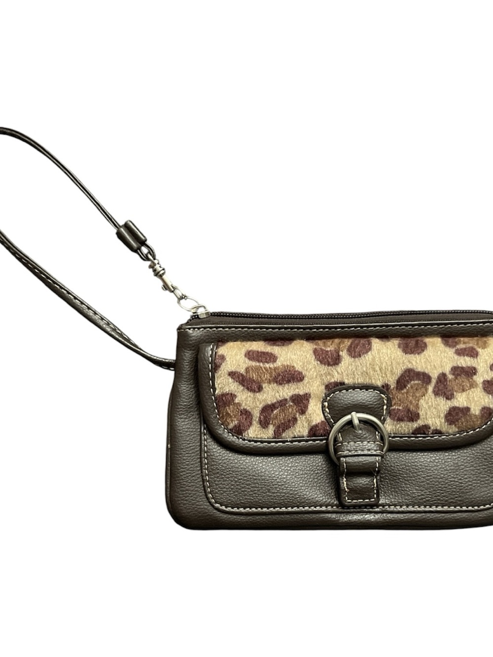 Brown Leather Wristlet with Leopard Panel
